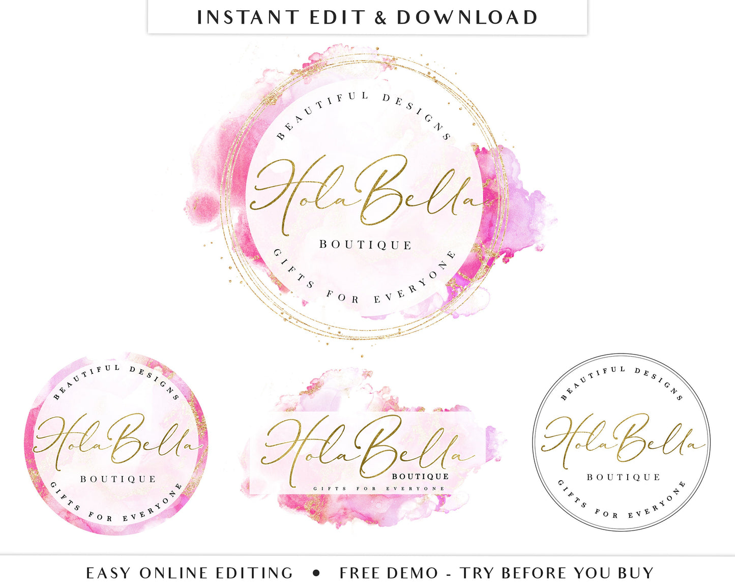 Editable Logo Template Set 4 x Logo Kit, Beauty Boutique Business Logo, Pink Glitter Ink & Gold Logo Branding Kit Editable Template HB-001