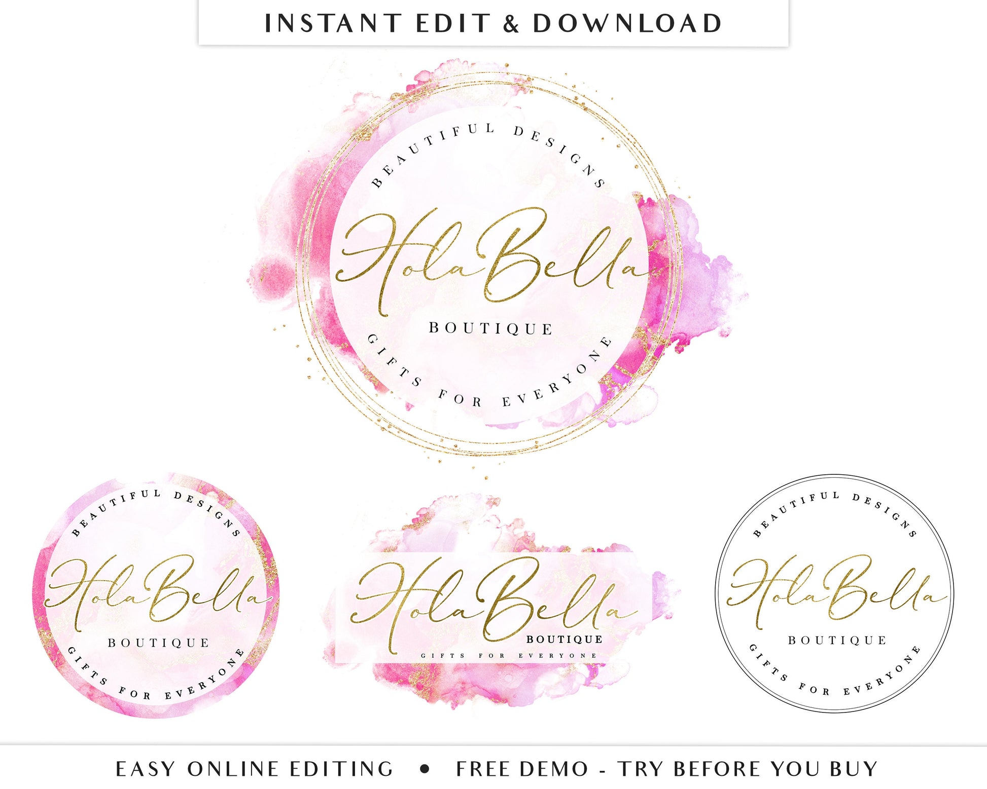 Editable Logo Template Set 4 x Logo Kit, Beauty Boutique Business Logo, Pink Glitter Ink & Gold Logo Branding Kit Editable Template HB-001