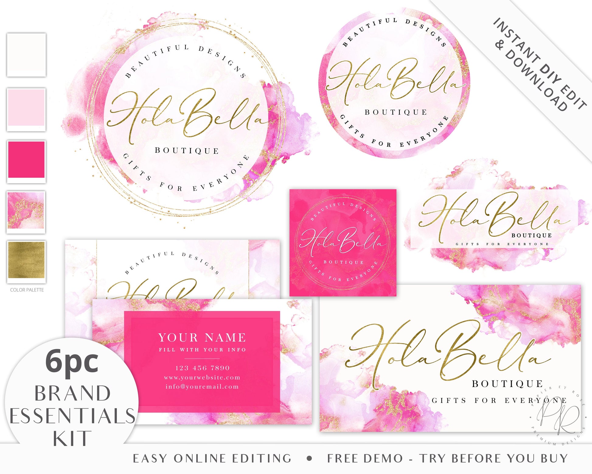 DIY Branding Bundle, Editable Templates, Pink Marble & Gold Glitter, Beauty Logo, Lash Logo, Premade logo, Branding Kit HB-001