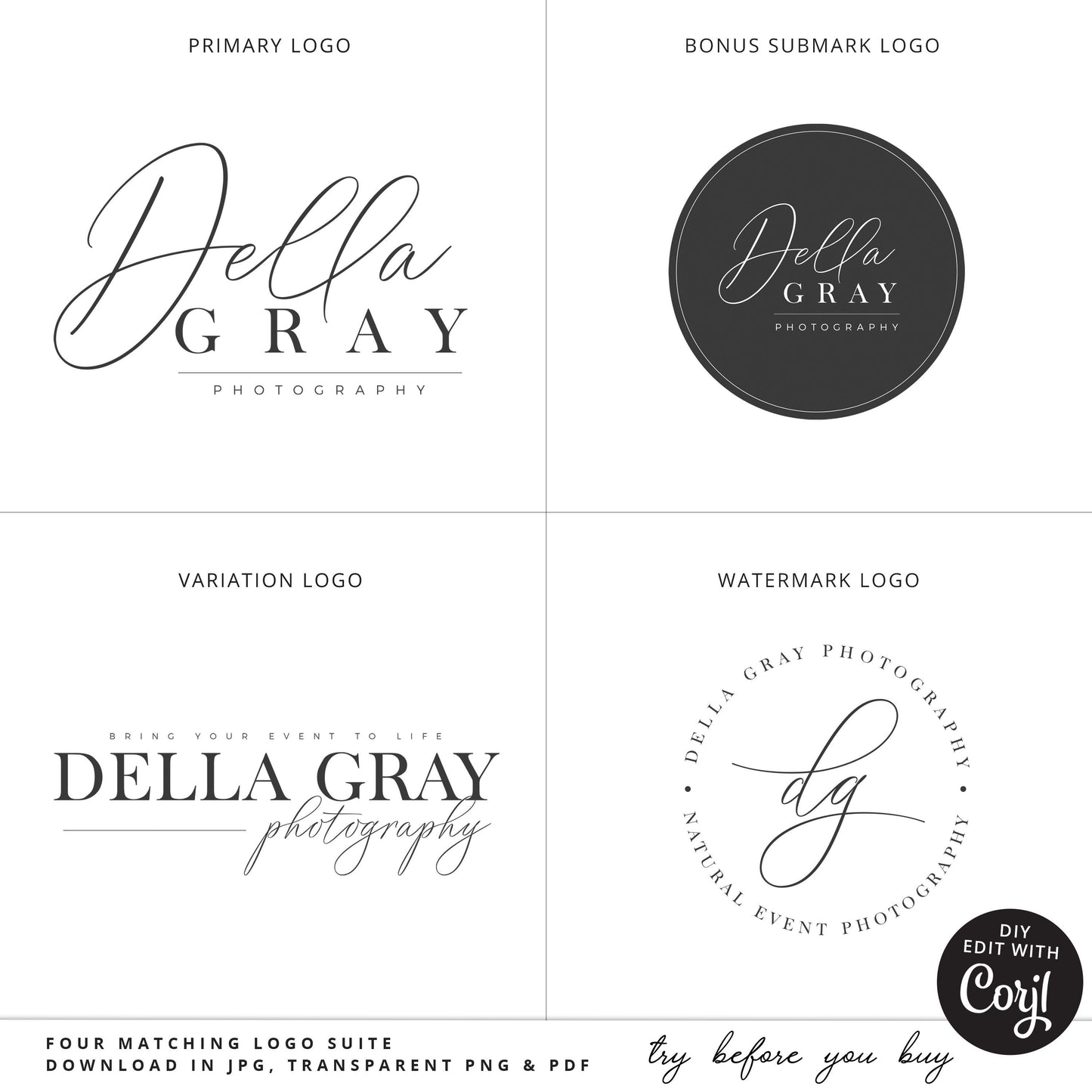 Editable Logo Suite Set 4 x Minimal Typography Modern Text Signature Logos Branding Editable Template | Instant Edit Online  DIY Logo DG-001