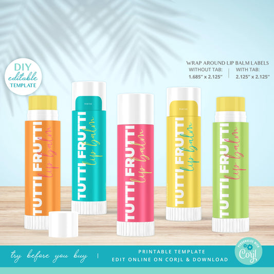 Editable Lip Balm Label Template (2 Sizes) Colorful Personalised Wrap Around Lip Gloss Chapstick Cosmetic Packaging Label Printable - PR0616