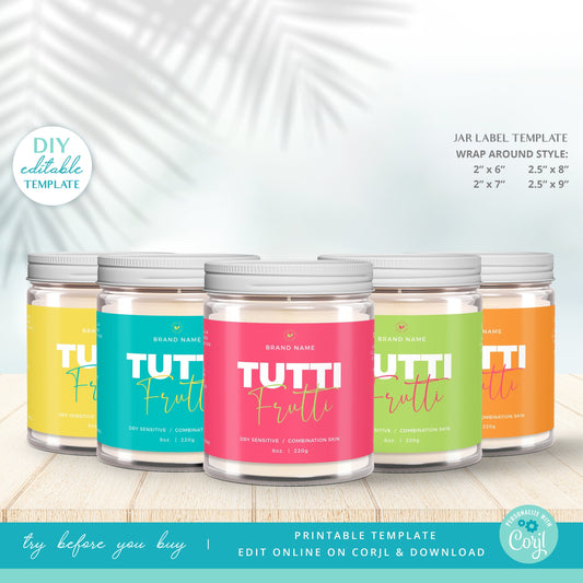 Editable Jar Label Template (4 Sizes) Personalised Neon Wrap Around Candle/ Cosmetic Skincare Label Design Printable - PR0595
