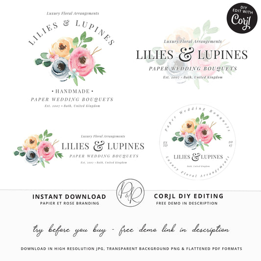 4 x Logo Suite Set Kitsch Farmhouse Style Floral Logos Branding Editable Template | Instant Edit Yourself Online  DIY logo LL-001