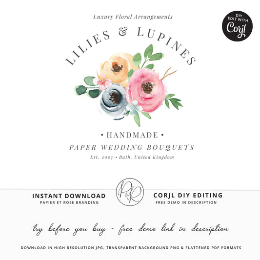 Editable Farmhouse Floral Florist DIY Logo Template | Instant Photography Shabby Chic Watermark Logo Download DIY Premade Template LL-001