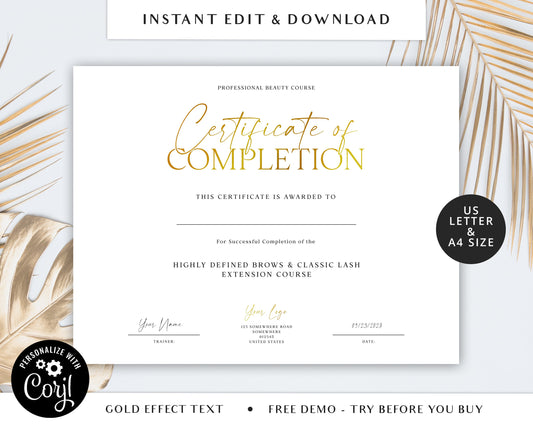 DIY Award Certificate Template, Editable Printable Beauty Business Minimal Modern Course Certificate INSTANT Edit & Download - PR0639