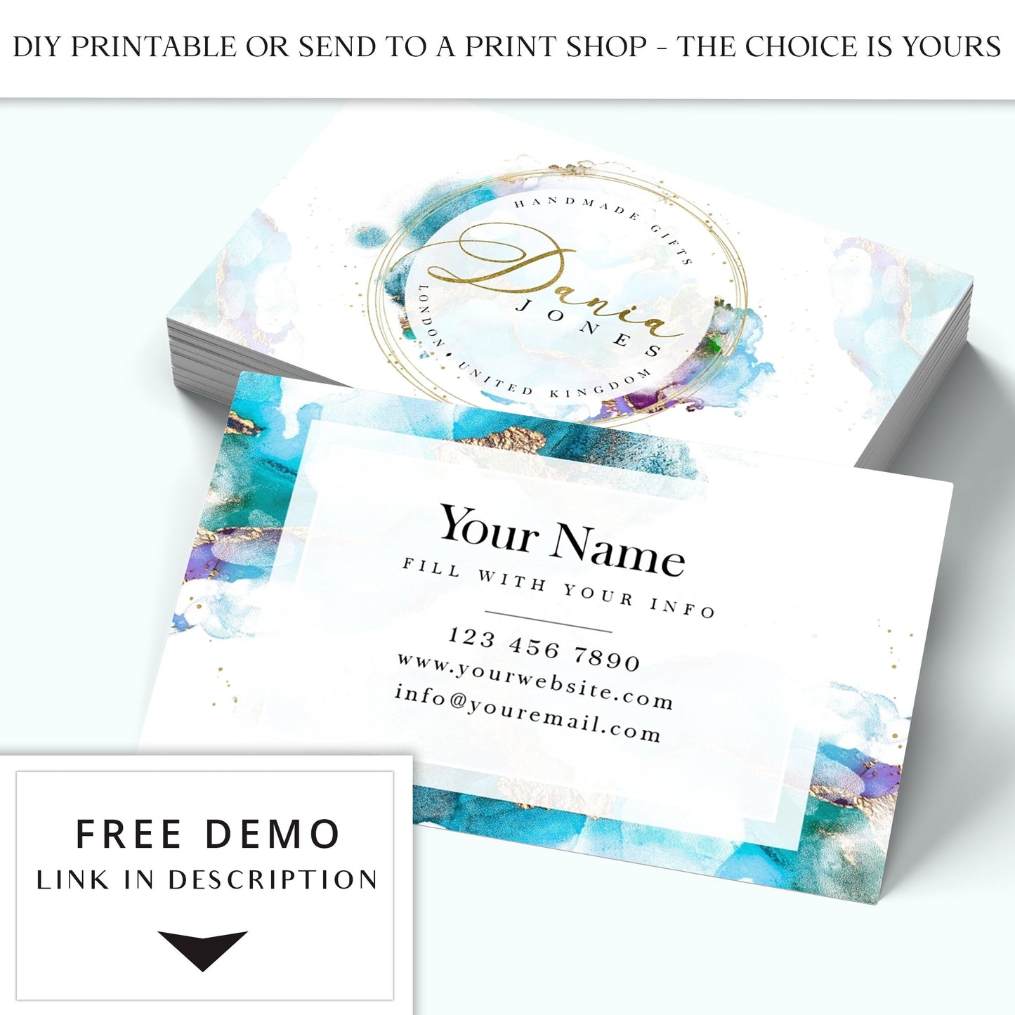 DIY Business Card Template, Editable Watercolor Marble Splash Design, Instant Printable Business Card, Beauty Business Card, Lash DJ-001