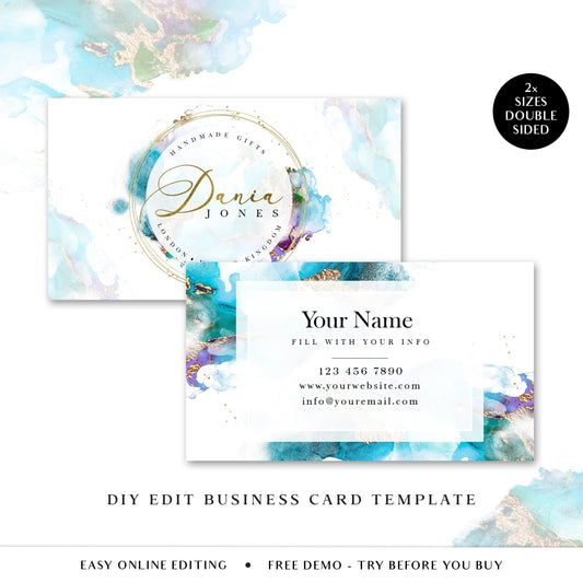 DIY Business Card Template, Editable Watercolor Marble Splash Design, Instant Printable Business Card, Beauty Business Card, Lash DJ-001