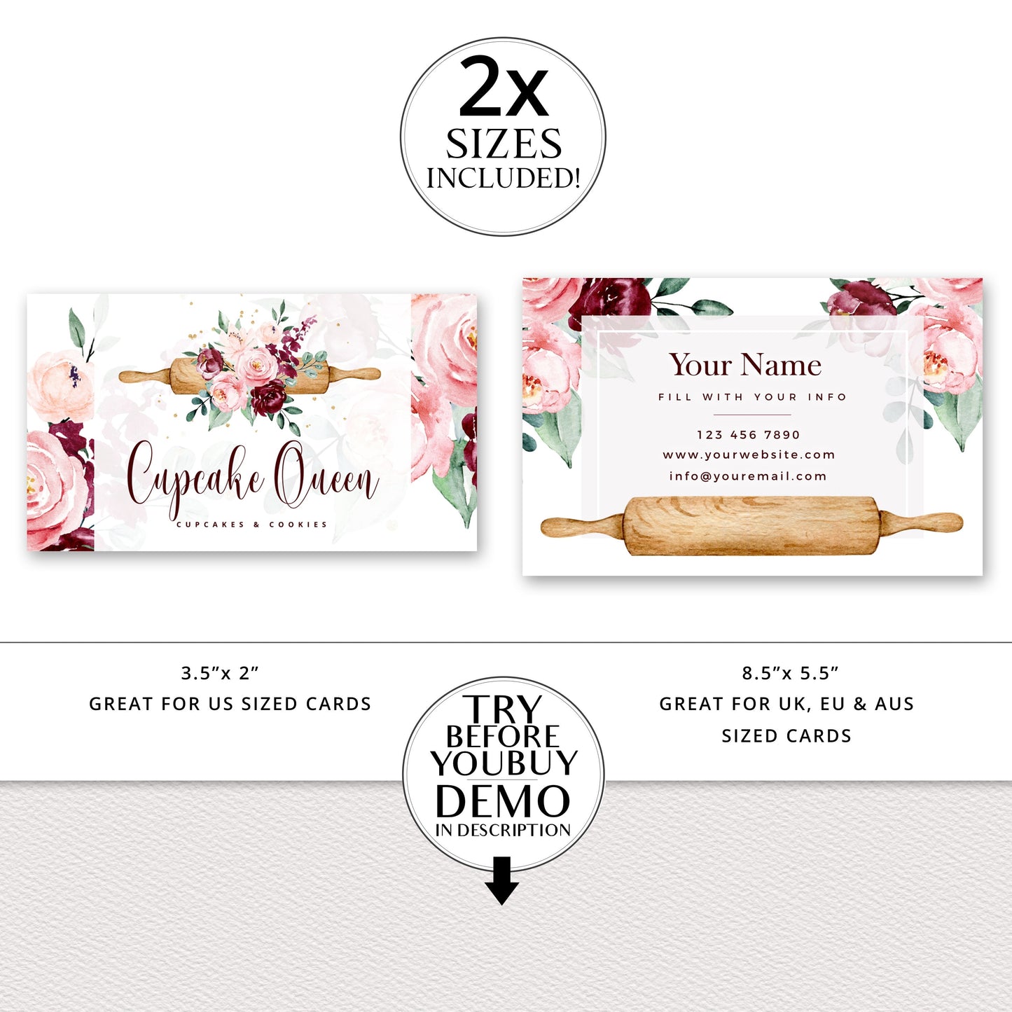 Bakery Business Card Editable Template, DIY Edit Baker Business Card, Premade Cake Maker Business Card, Red and Gold Customizable - CQ-001