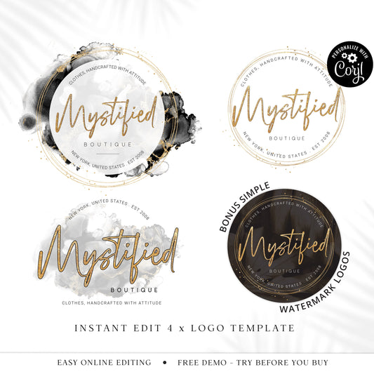 Logo Template Kit, 4 x Black Marble Logos, Premade DIY Logo Kit, Watercolor Logo, Ready-made Logo, Customizable Instant Logo design - MY-001