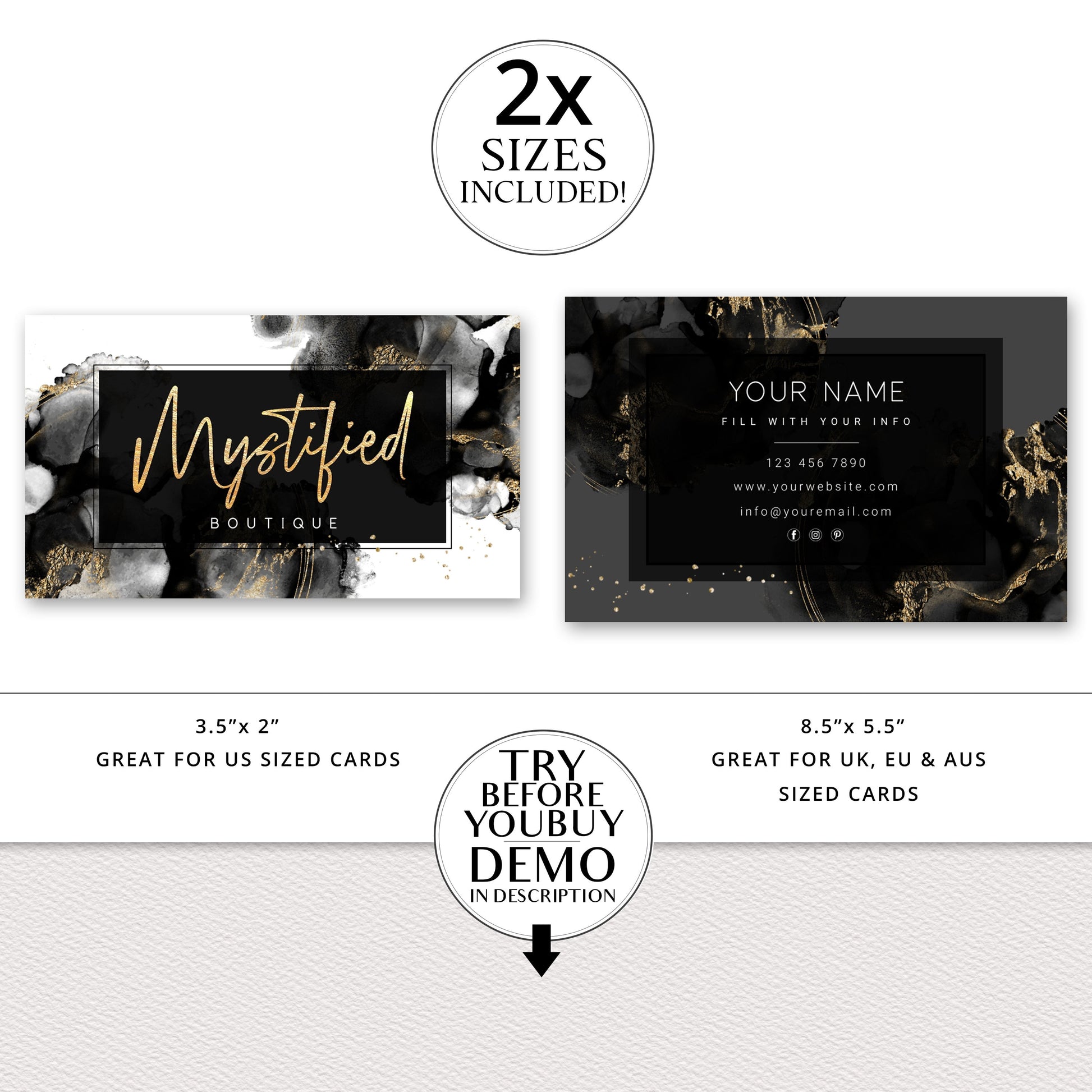 Editable Business Card Template, DIY Beauty Business Card, Premade Black & Gold Glitter Marble Business Card, Customizable Biz Card - MY-001