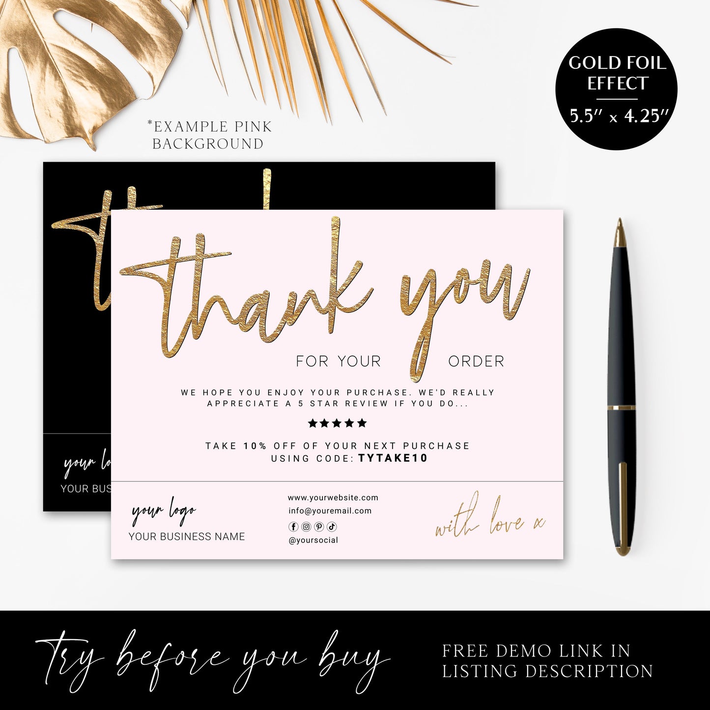 Editable Thank You Card Template, DIY Edit Thank You For Your Business Card, Black Gold Marble, Premade Etsy Customer Thank you Note MY-001