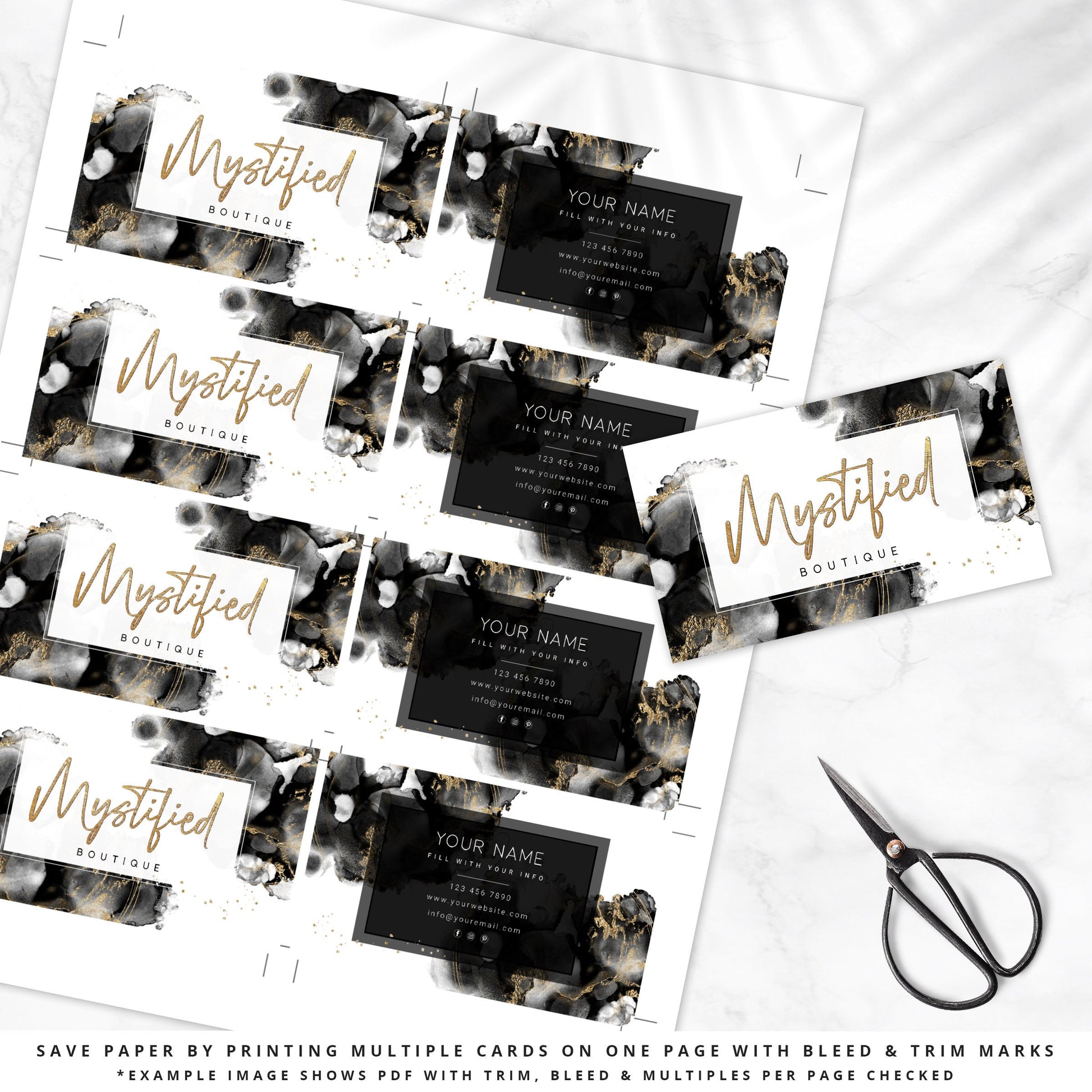 Editable Business Card Template, DIY Premade Black & Gold Glitter Marble Business Card, Beauty Business Card, Customizable Biz Card - MY-001