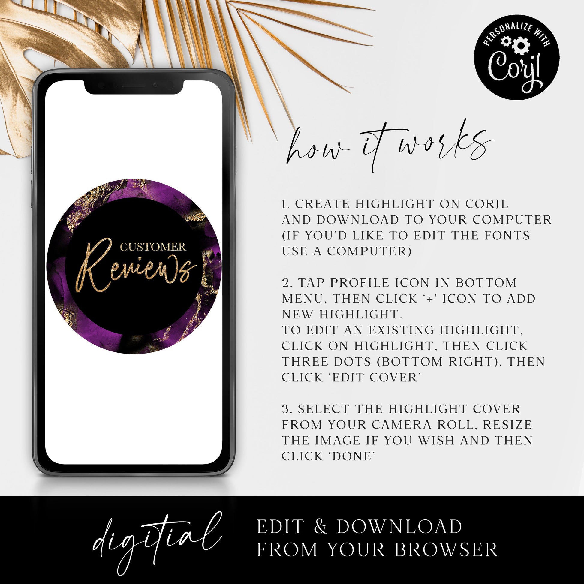 DIY Instagram Highlights Instagram Editable Story Cover Template Instagram Highlights Design Marble Black and Gold - PR0641 - MY-001