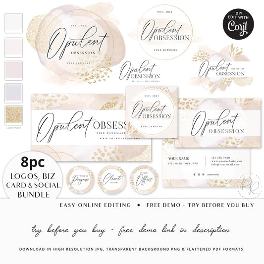 DIY Business Branding Template Bundle 8pc Premade Logo Editable Facebook Template Gold Watercolor Instagram Highlight, Ready-made Kit OO-001