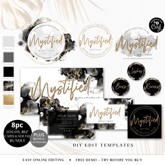 DIY Branding 8pc Template Bundle, Premade Black & Gold Marble Logo, Printable Business Card, Highlights Template, Facebook Cover MY-001