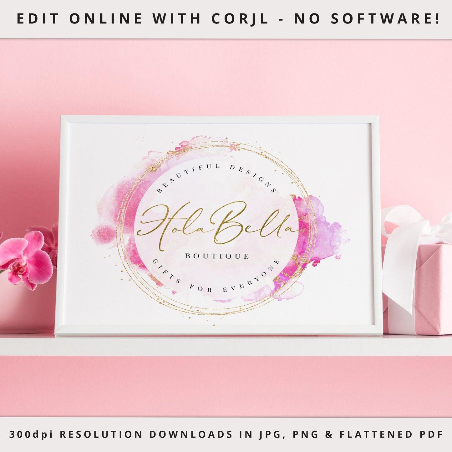 Editable Logo Template Set 4 x Logo Kit, Beauty Boutique Business Logo, Pink Glitter Ink & Gold Logo Branding Kit Editable Template HB-001