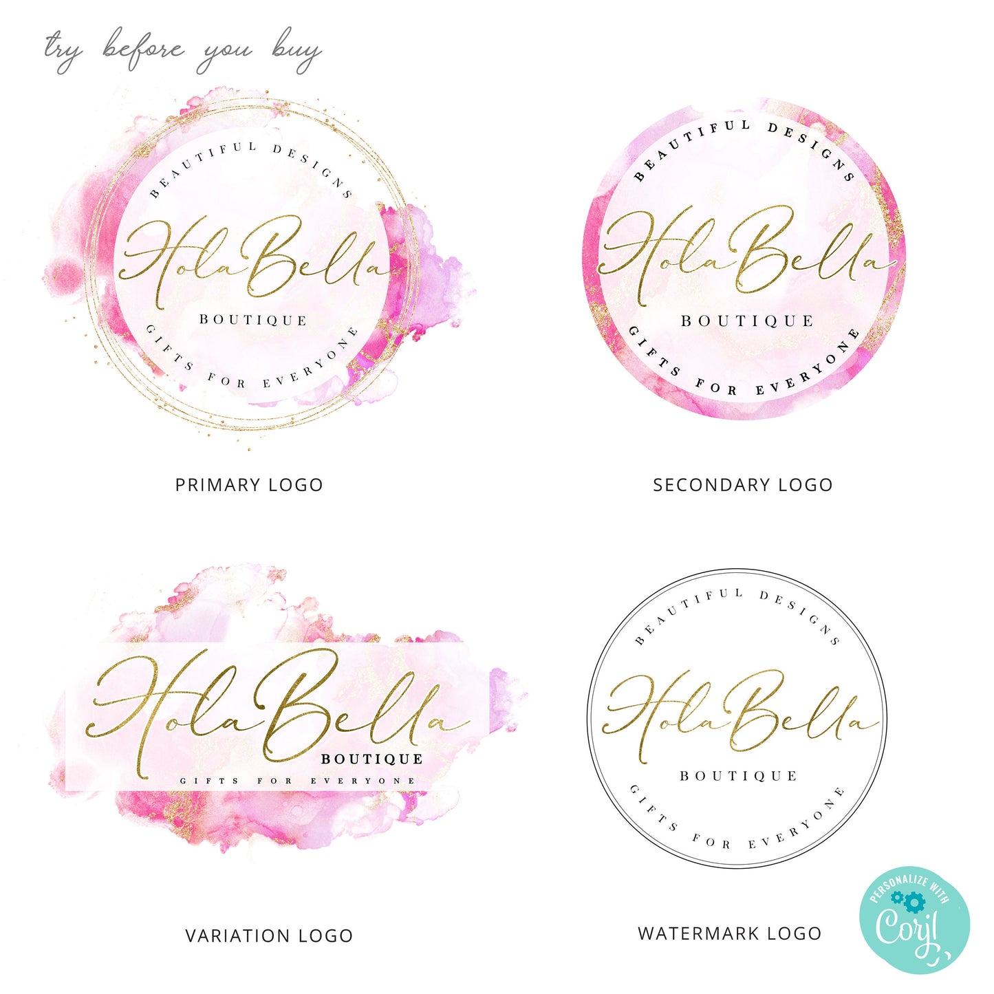 Editable Logo Template Set 4 x Logo Kit, Beauty Boutique Business Logo, Pink Glitter Ink & Gold Logo Branding Kit Editable Template HB-001