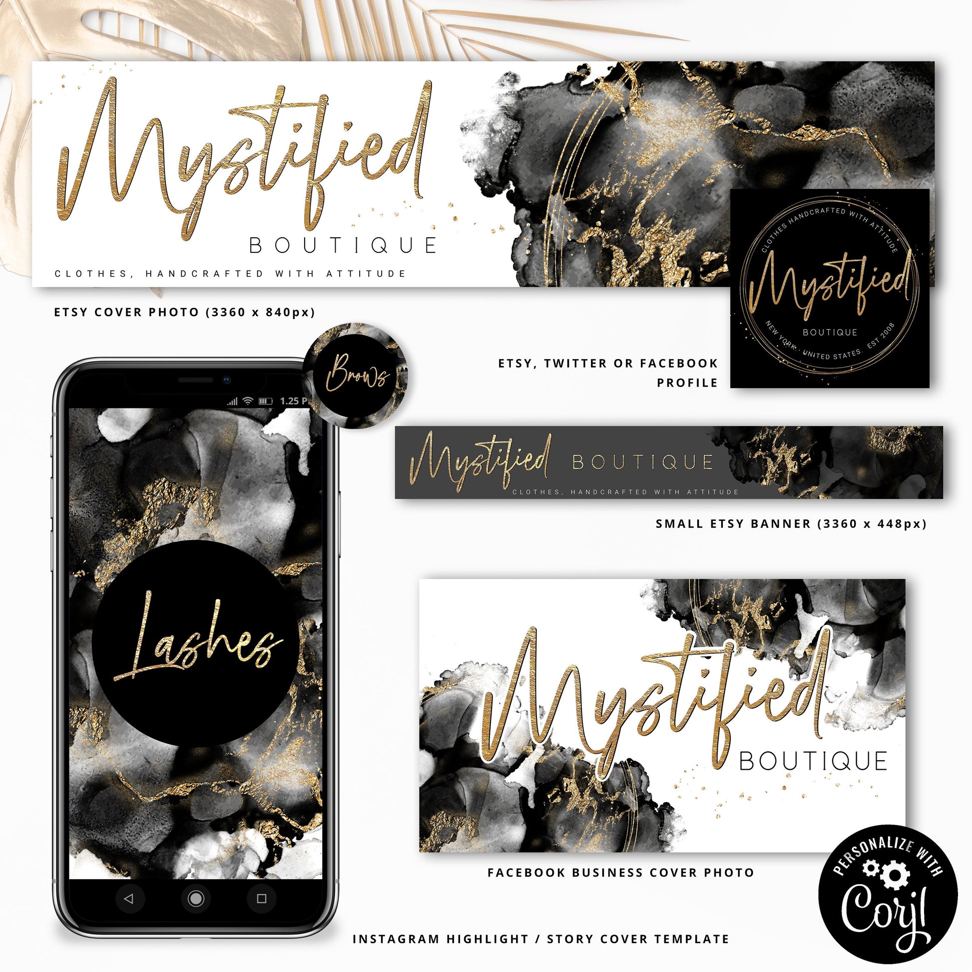 DIY Branding Bundle, 16pc Business Template Kit, Black & Gold Marble Watercolor Instant Premade Logo, Business Starter Package MY-001