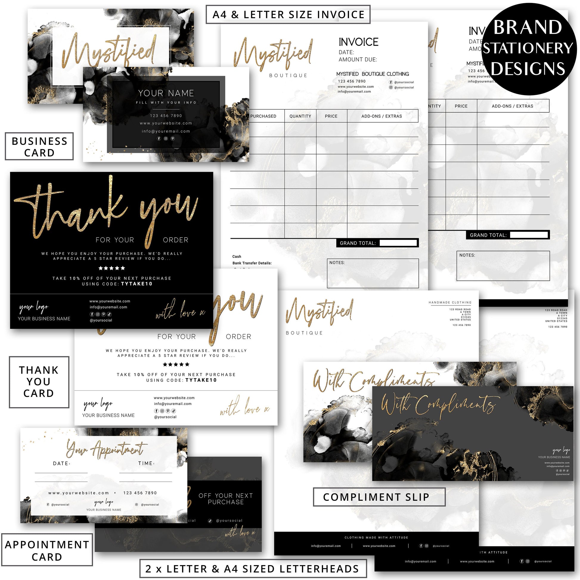 DIY Branding Bundle, 16pc Business Template Kit, Black & Gold Marble Watercolor Instant Premade Logo, Business Starter Package MY-001