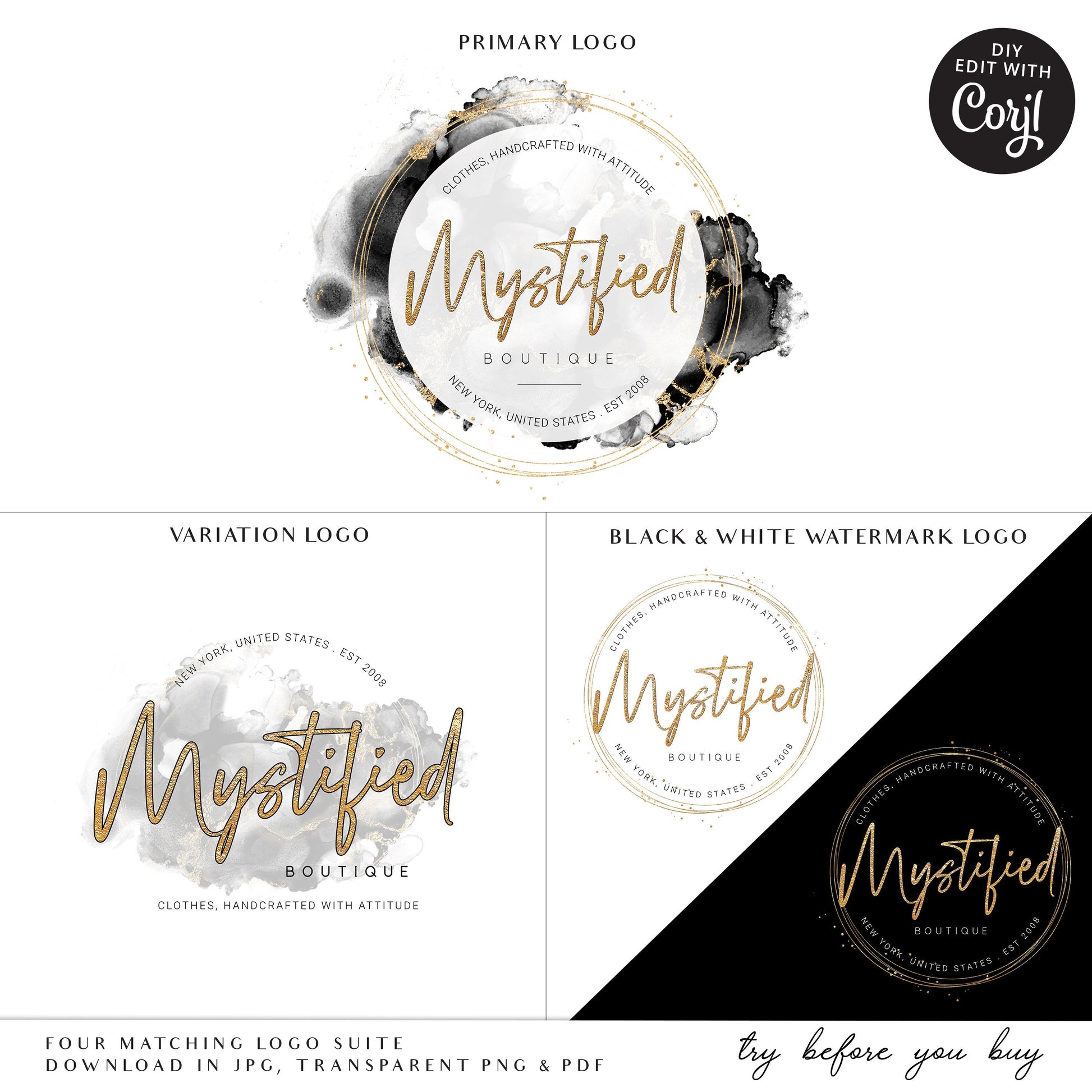 DIY Branding Bundle, 16pc Business Template Kit, Black & Gold Marble Watercolor Instant Premade Logo, Business Starter Package MY-001