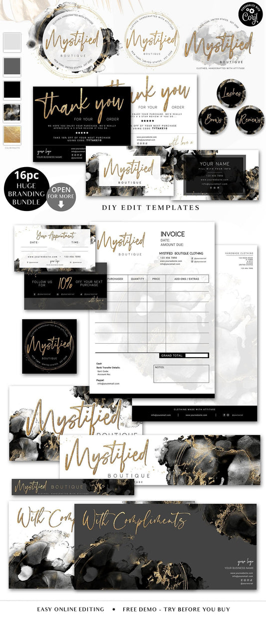DIY Branding Bundle, 16pc Business Template Kit, Black & Gold Marble Watercolor Instant Premade Logo, Business Starter Package MY-001