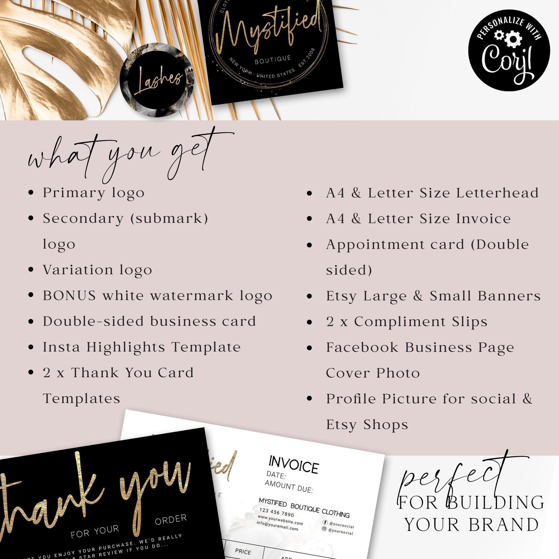 DIY Branding Bundle, 16pc Business Template Kit, Black & Gold Marble Watercolor Instant Premade Logo, Business Starter Package MY-001
