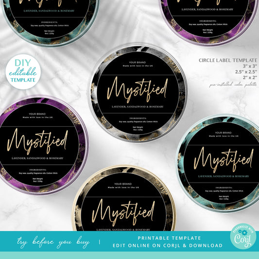 Candle Tin Label Template, Editable Round Watercolor Marble Gold Foil, Instant Access Printable Product Label, DIY Cosmetic Label MY-001