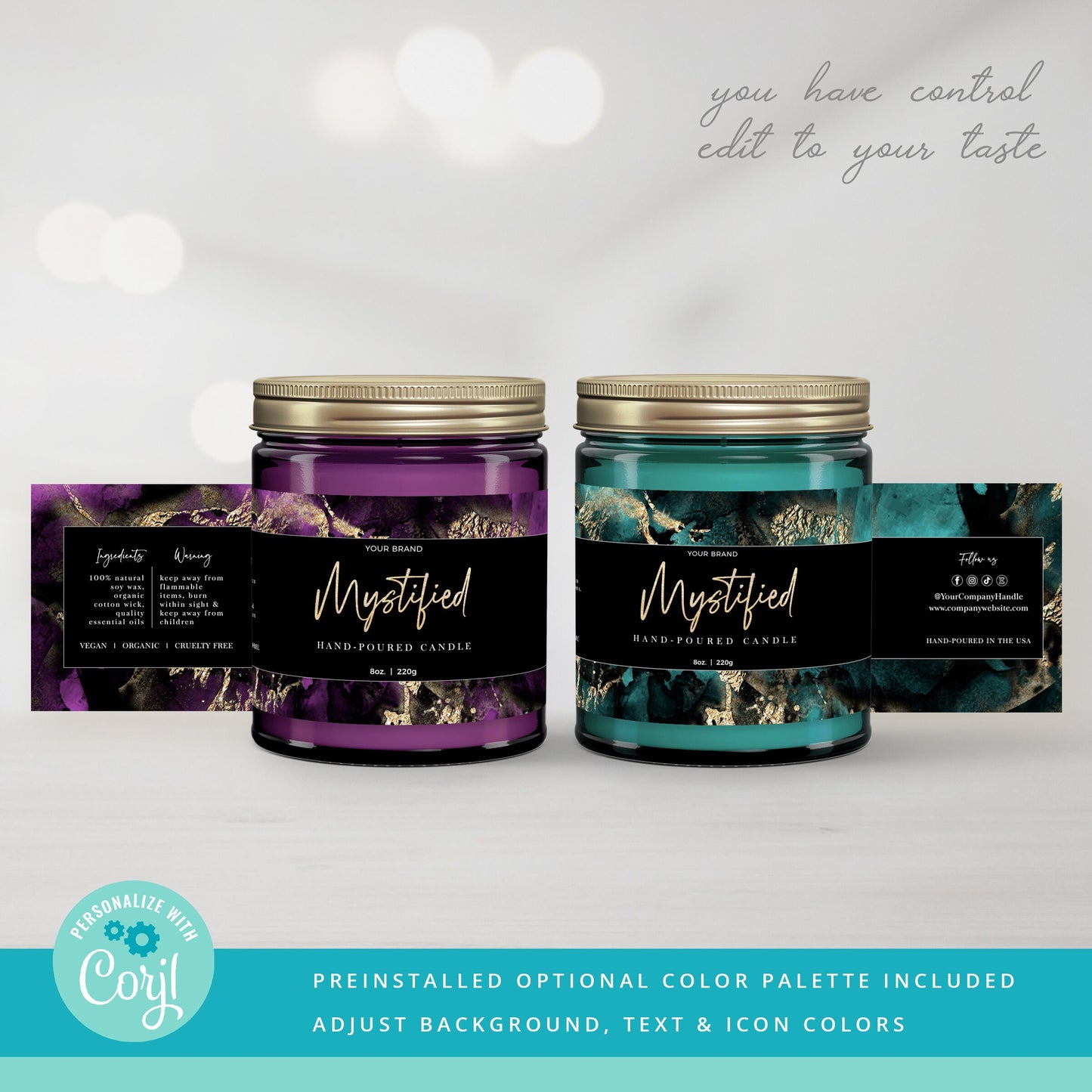 Editable Product Label Black Marble Personalised Wrap Around Candle Template, 4 Sizes: 2x6", 2x7, 2.5x8", 2.5x9" DIY Instant Access MY-001