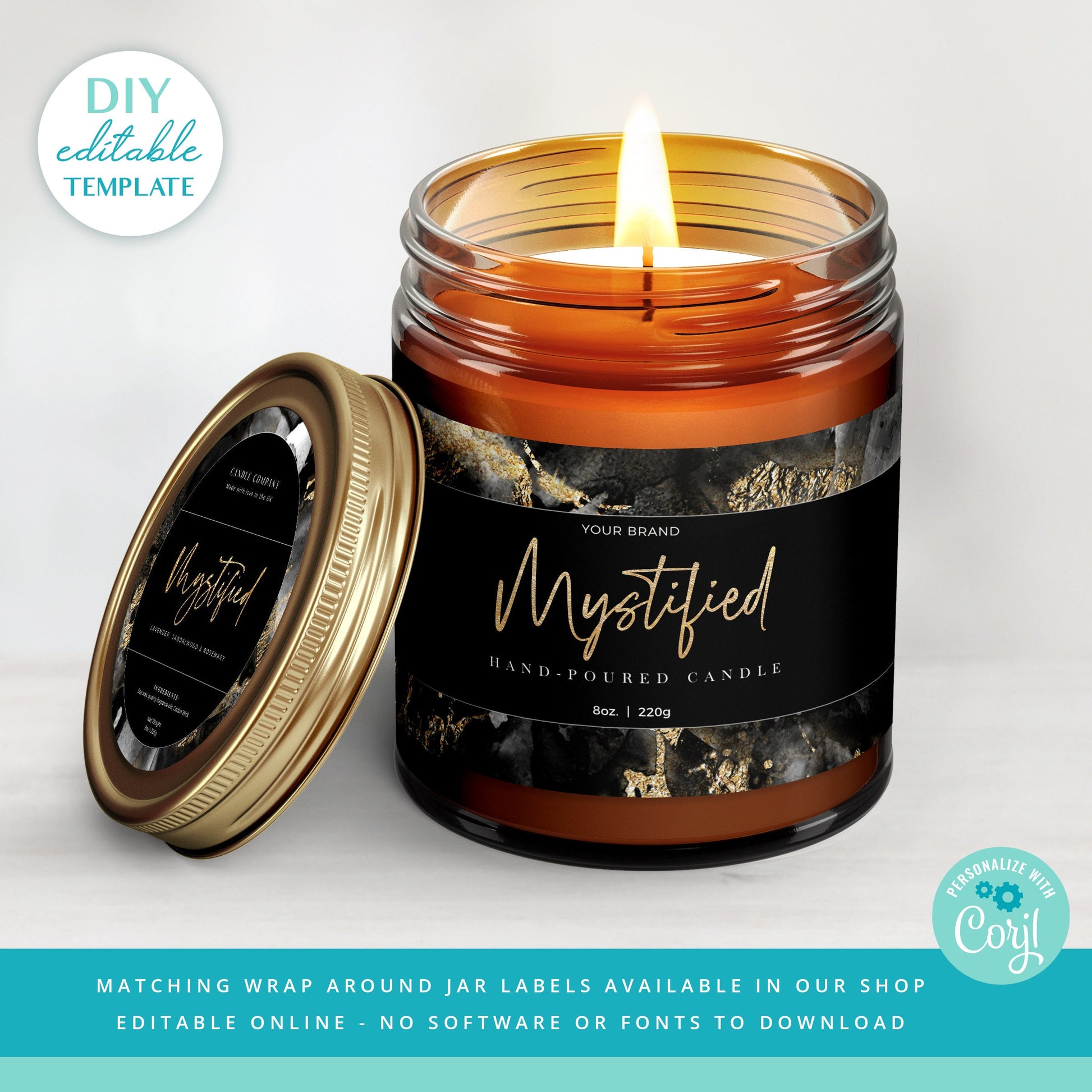 Editable Product Label Black Marble Personalised Wrap Around Candle Template, 4 Sizes: 2x6", 2x7, 2.5x8", 2.5x9" DIY Instant Access MY-001