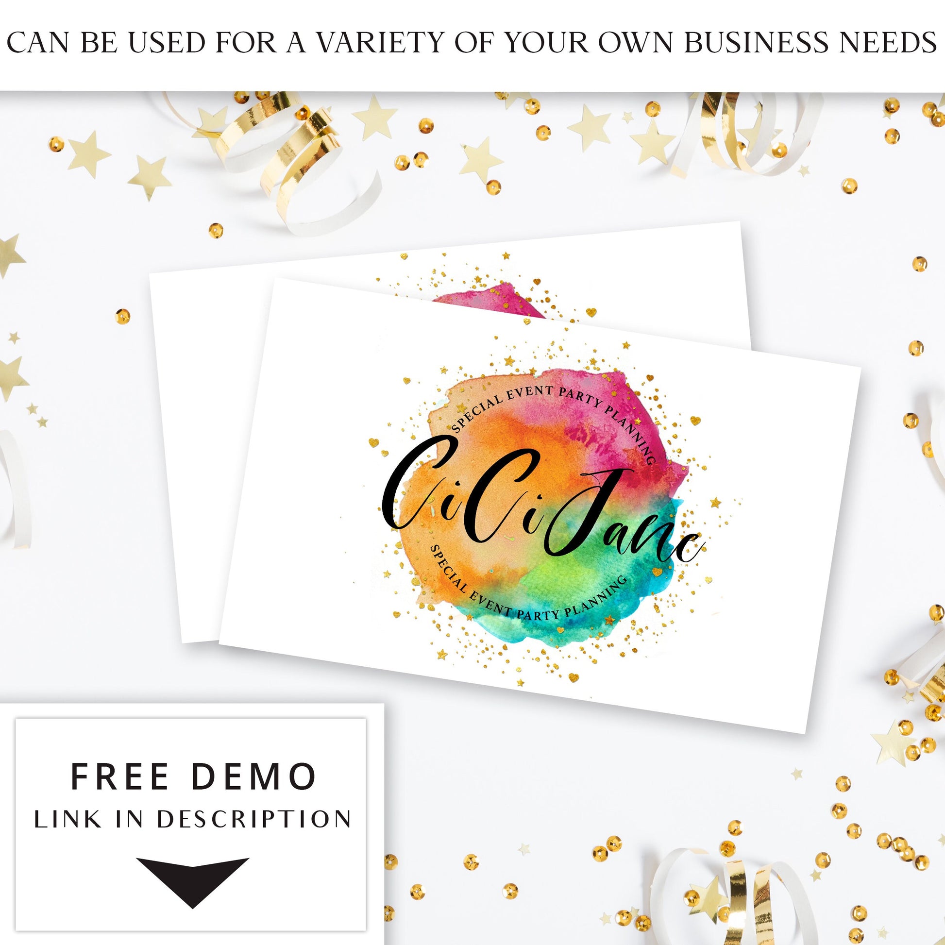 DIY Bright Logo Template Abstract Fun Watercolor Splash, Instant Edit Premade Logo, Party Planner Logo, Bright Customizable Logo - CJ-001