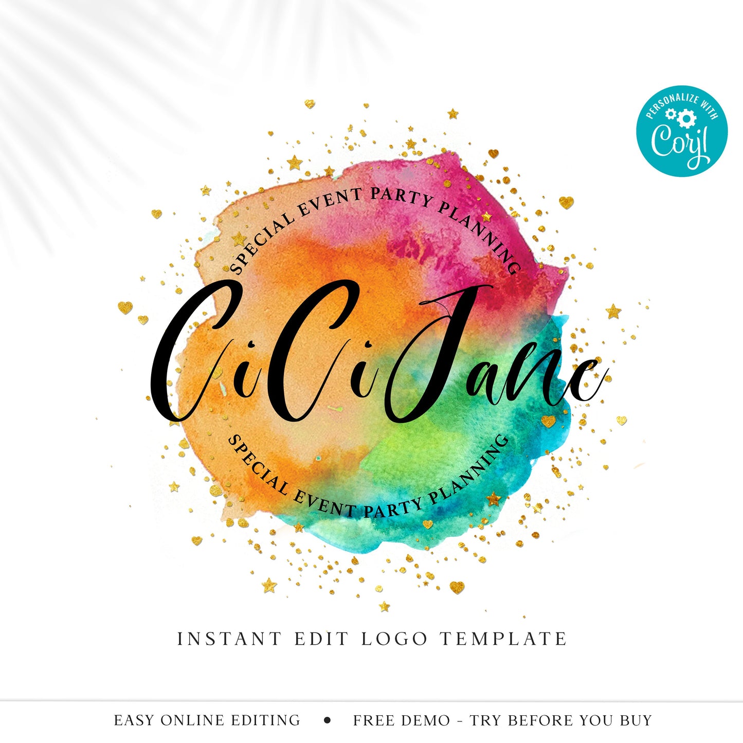 DIY Bright Logo Template Abstract Fun Watercolor Splash, Instant Edit Premade Logo, Party Planner Logo, Bright Customizable Logo - CJ-001