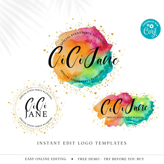 Logo Template Bundle, 3 x Fun Bright Watercolor Logos, Premade DIY Logo Kit, Ready-made Logo, Customizable Instant Logo design - CJ-001