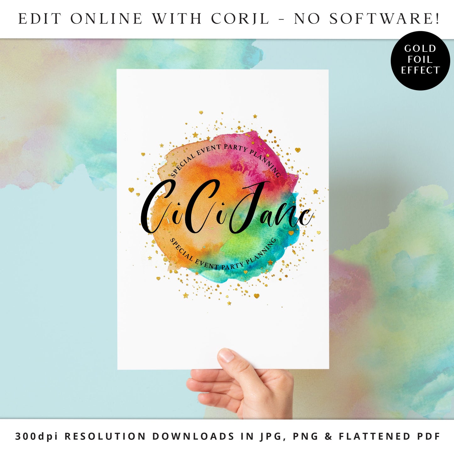 Logo Template Bundle, 3 x Fun Bright Watercolor Logos, Premade DIY Logo Kit, Ready-made Logo, Customizable Instant Logo design - CJ-001