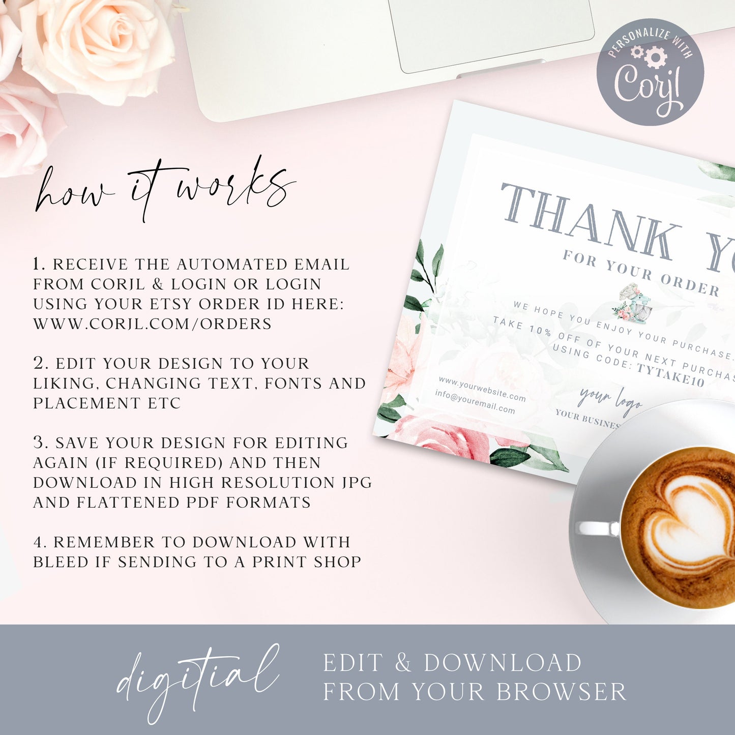 DIY Editable Thank You Card Template, Bakery Thank You Card, Premade Thank You For Your Business Card, Etsy Customer Thank you Note JB-001