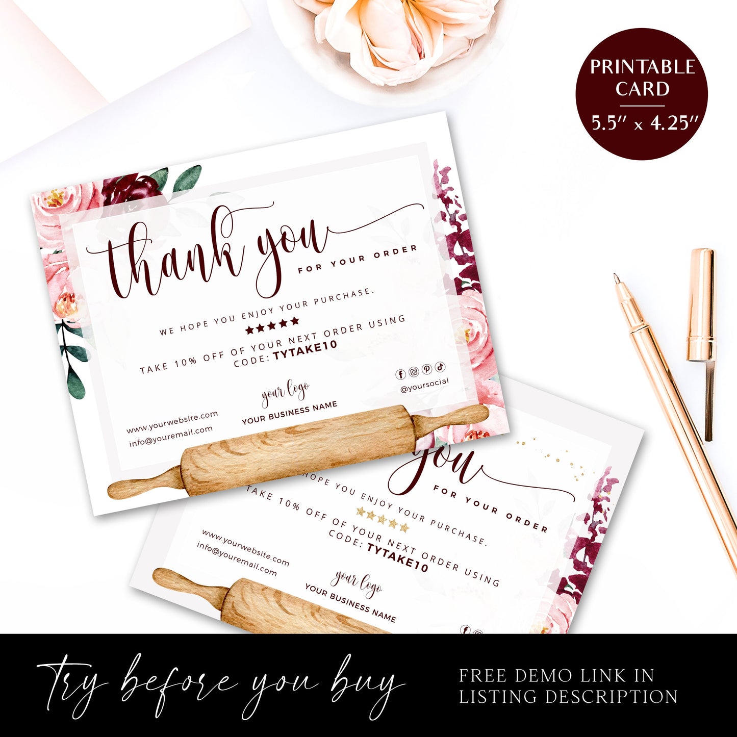 DIY Editable Thank You Card Template, Bakery Thank You Card, Premade Thank You For Your Business Card, Etsy Customer Thank you Note CQ-001