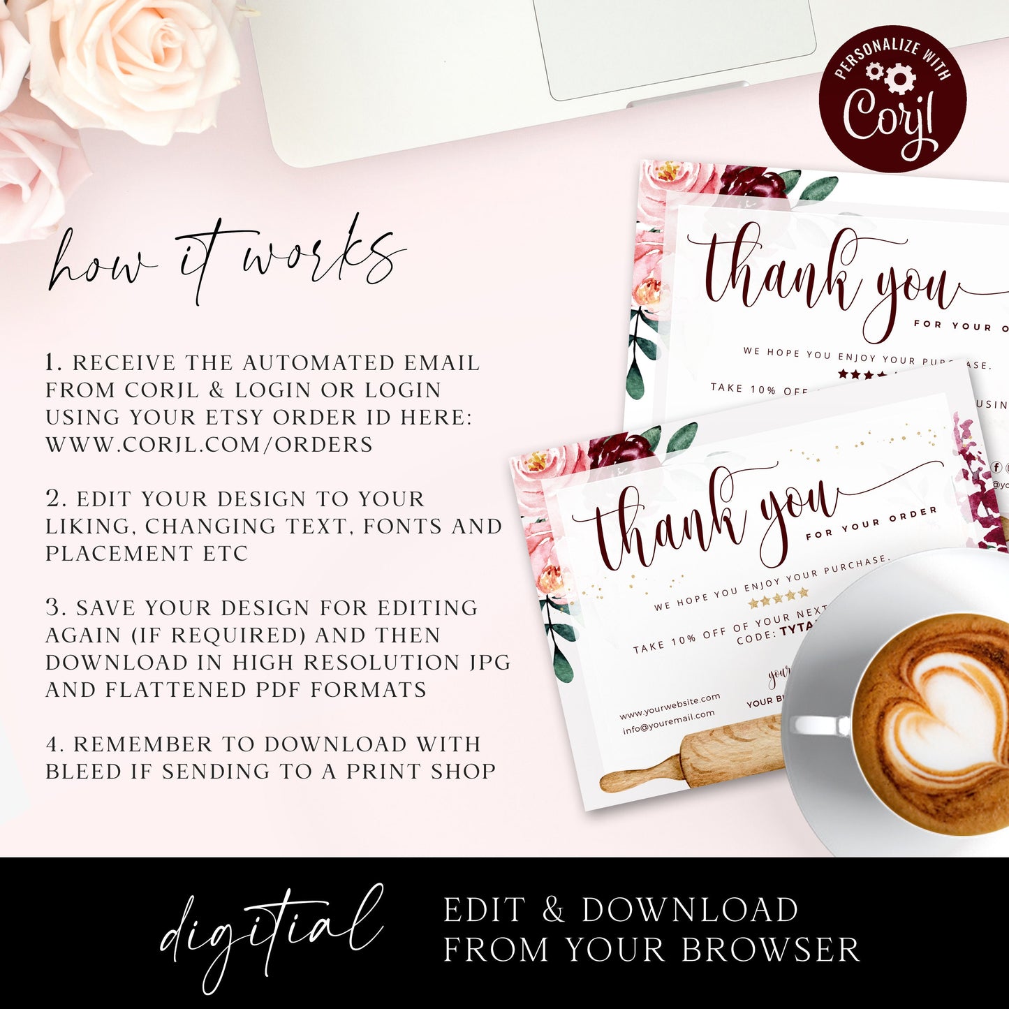 DIY Editable Thank You Card Template, Bakery Thank You Card, Premade Thank You For Your Business Card, Etsy Customer Thank you Note CQ-001