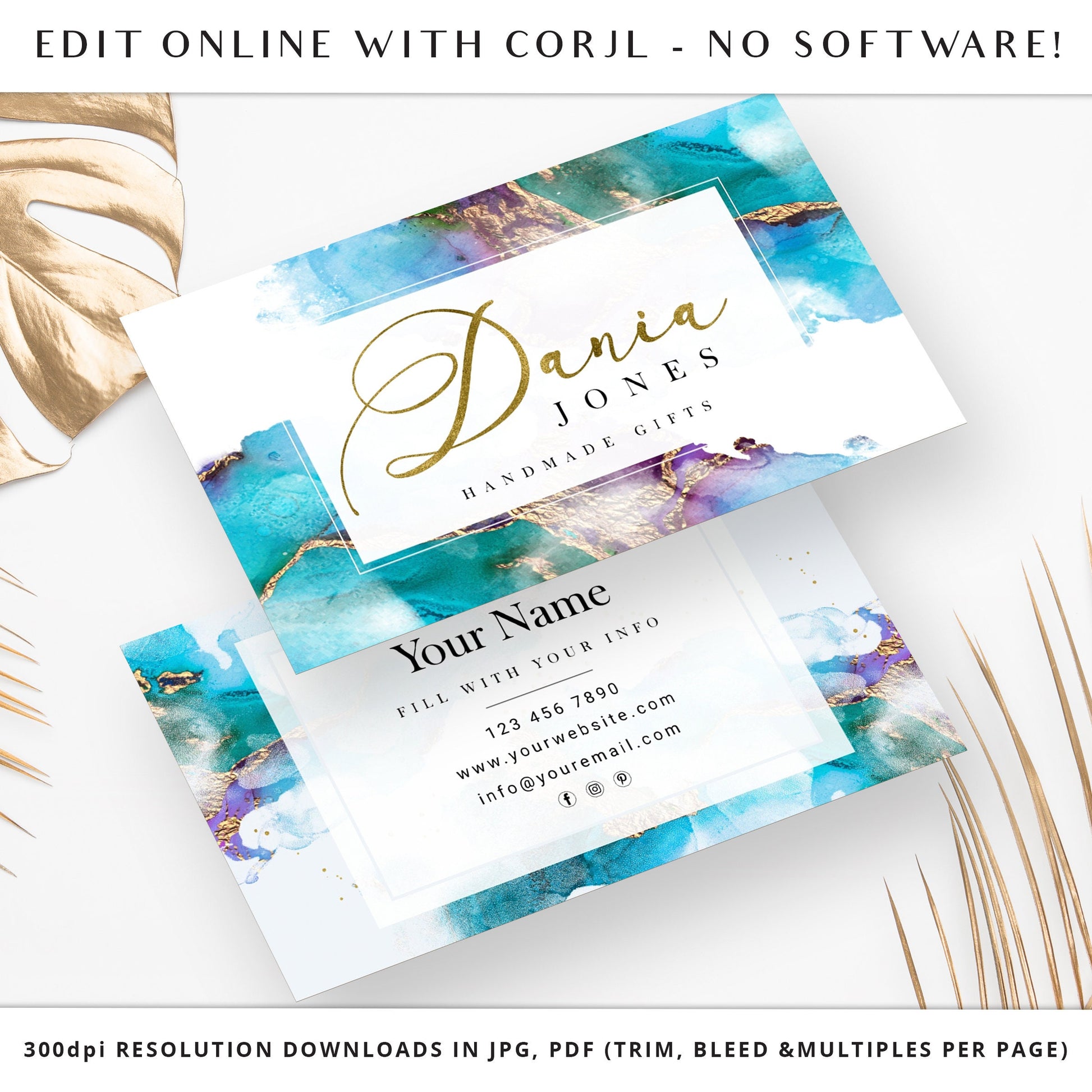 Business Card Editable Template, DIY Edit Blue Gold Glitter Marble Business Card, Premade Beauty Business Card, Customizable Biz Card DJ-001