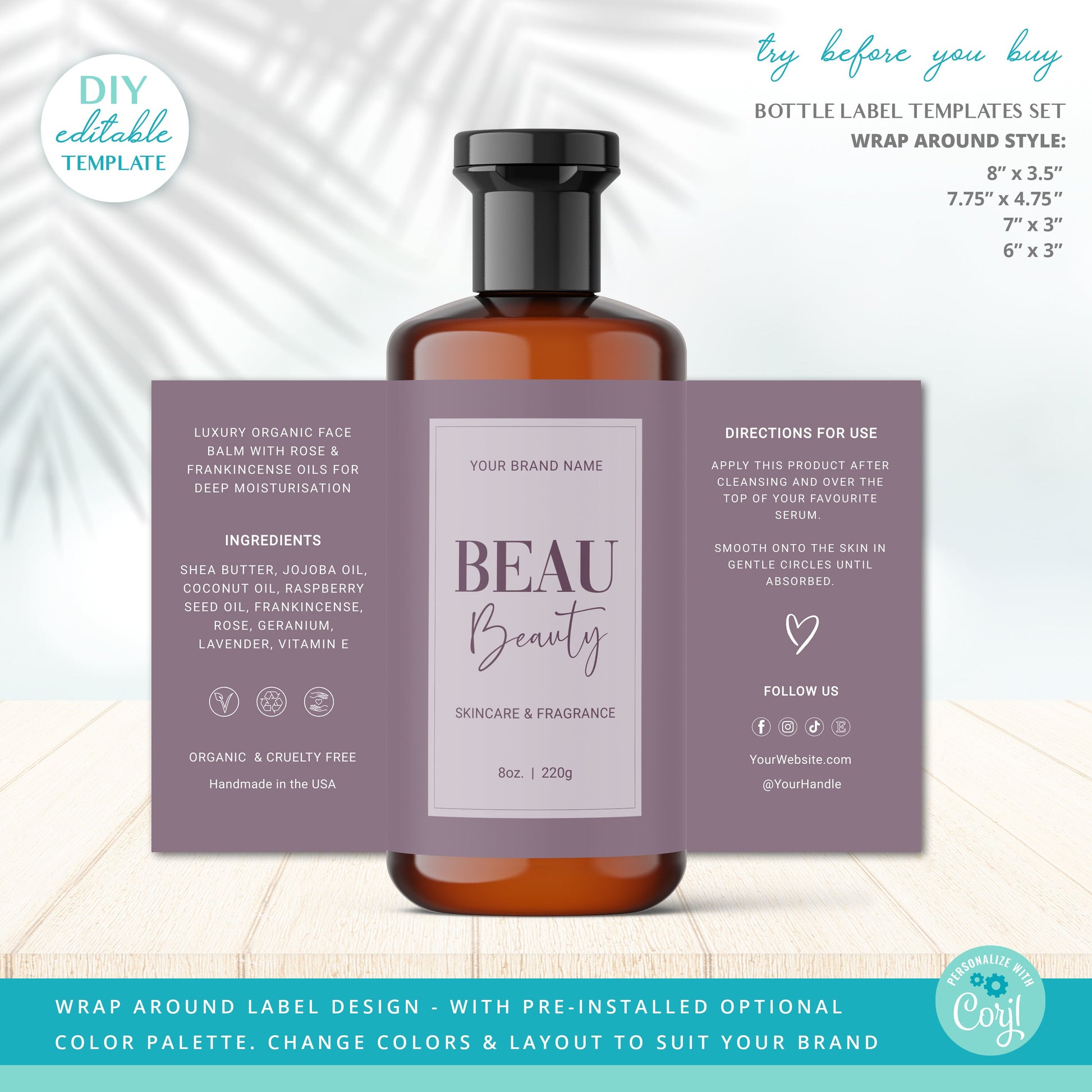 Cosmetic Bottle Label Template Editable 4 SIZES Wrap Around Body Product Skincare Sanitizer Soap Packaging Printable Label Design BBL-001