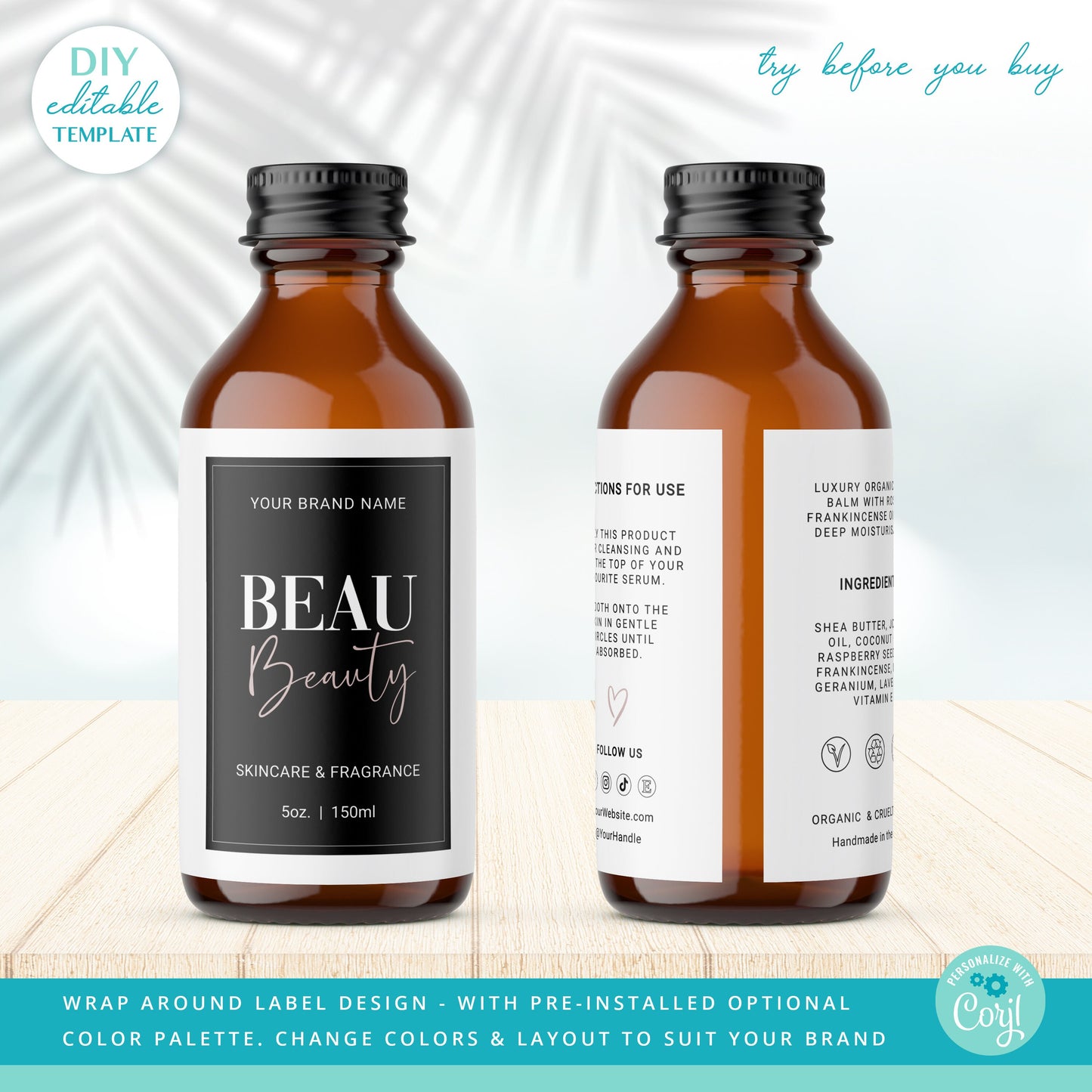 Cosmetic Bottle Label Template Editable 4 SIZES Wrap Around Body Product Skincare Sanitizer Soap Packaging Printable Label Design BBL-001