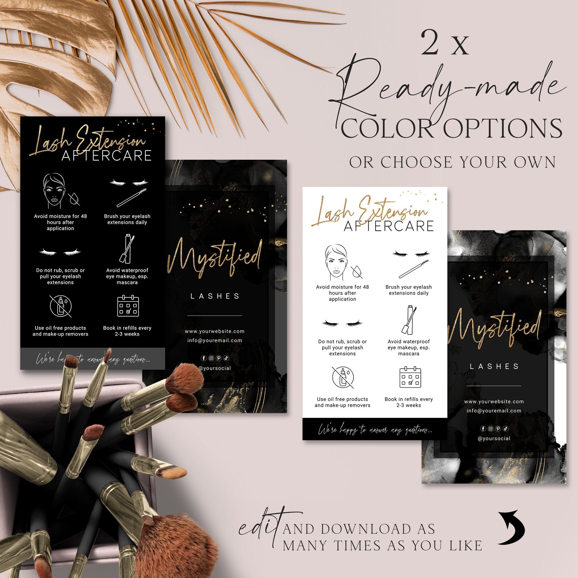 Lash Care Card Editable Template, DIY Edit Lash Aftercare Template, Eyelash Care Instructions Card, Faux Glitter Gold Foil Care Card  MY-001