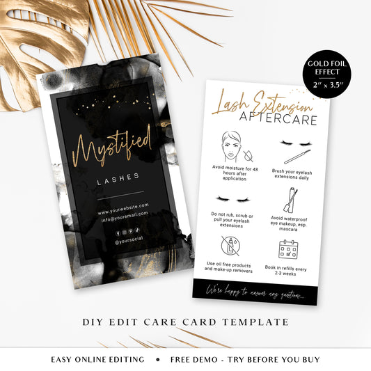 Lash Care Card Editable Template, DIY Edit Lash Aftercare Template, Eyelash Care Instructions Card, Faux Glitter Gold Foil Care Card  MY-001