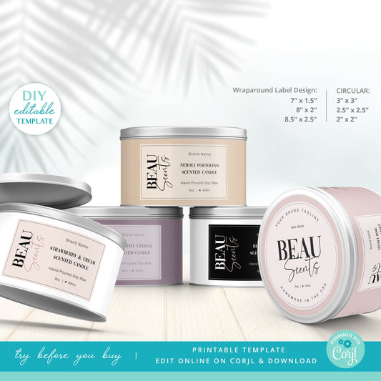 Candle Tin Label Editable Template Set (6 Sizes) Minimalist Modern Wraparound & Circle Candle Jar Label Cosmetic Printable Label - BBL-001