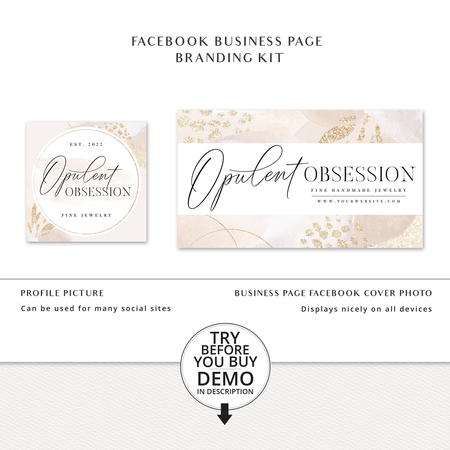 DIY Business Branding Template Bundle 8pc Premade Logo Editable Facebook Template Gold Watercolor Instagram Highlight, Ready-made Kit OO-001