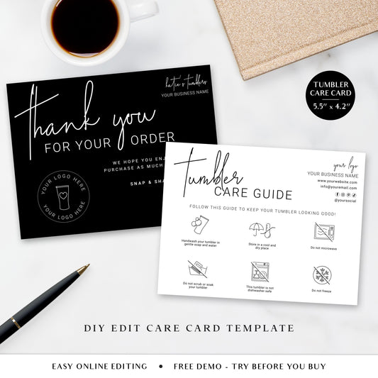 DIY Tumbler Care Card Template, Editable Tumbler Cup Care Guide Card, Customizable Printable Care Instructions, Minimalist Care Card KT-001