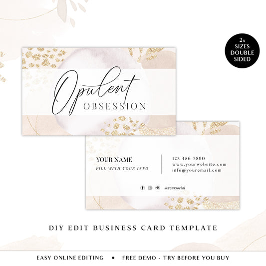 Editable Business Card Template, DIY Premade Glitter Watercolor Business Card, Beauty Business Card, Customizable Biz Card - OO-001