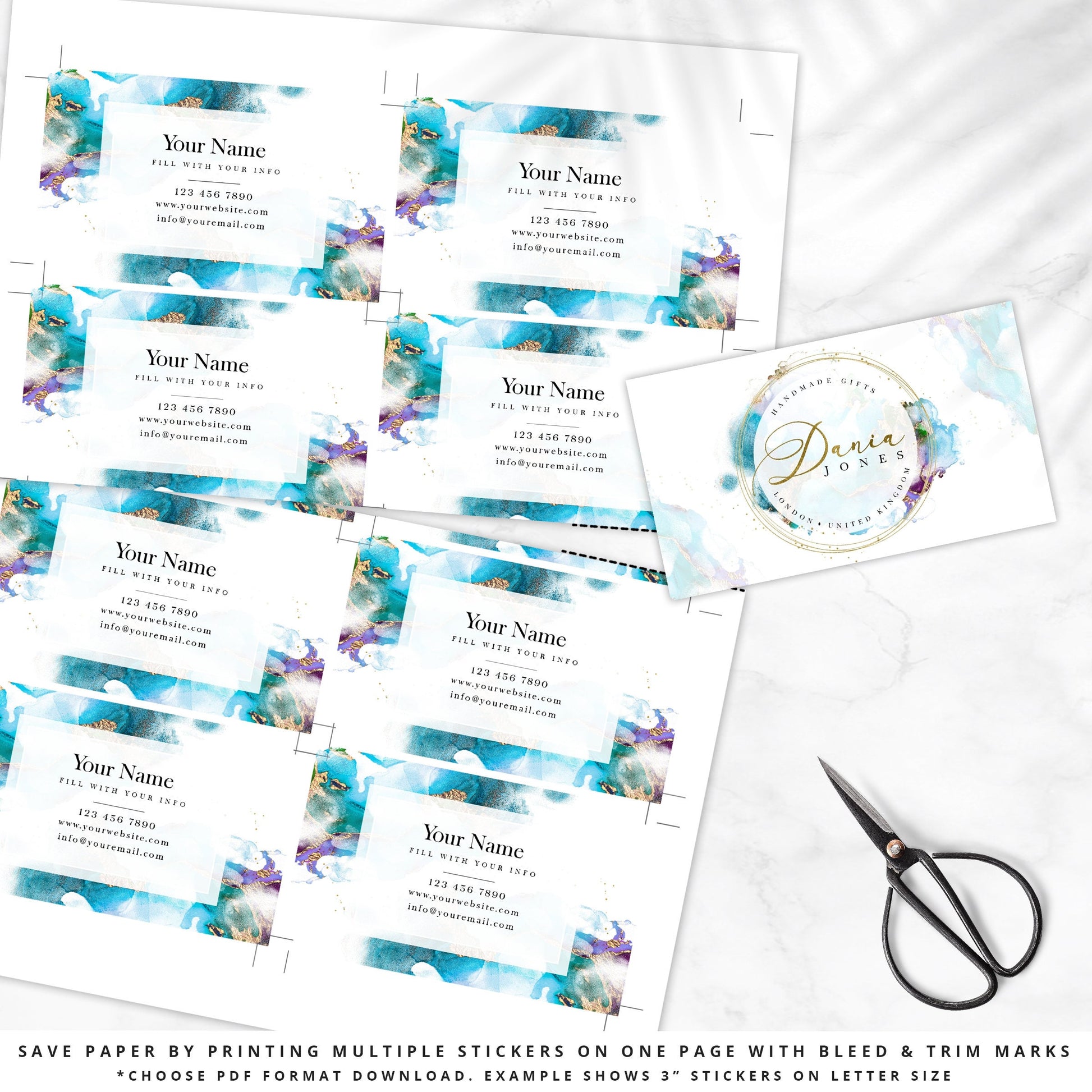 DIY Business Card Template, Editable Watercolor Marble Splash Design, Instant Printable Business Card, Beauty Business Card, Lash DJ-001