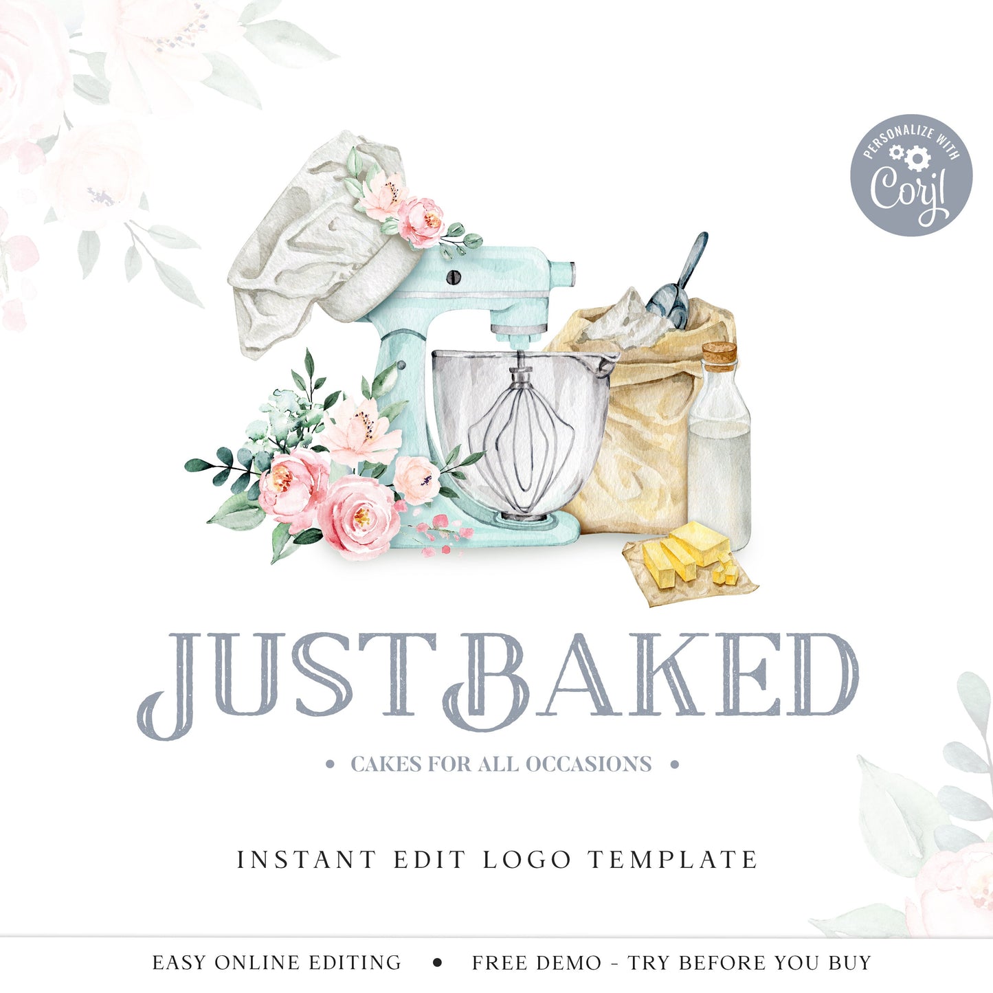 Editable Bakery Logo Template Editable | Instant Watercolor Watermark Farmhouse Style Logo Download DIY logo Premade Template JB-001