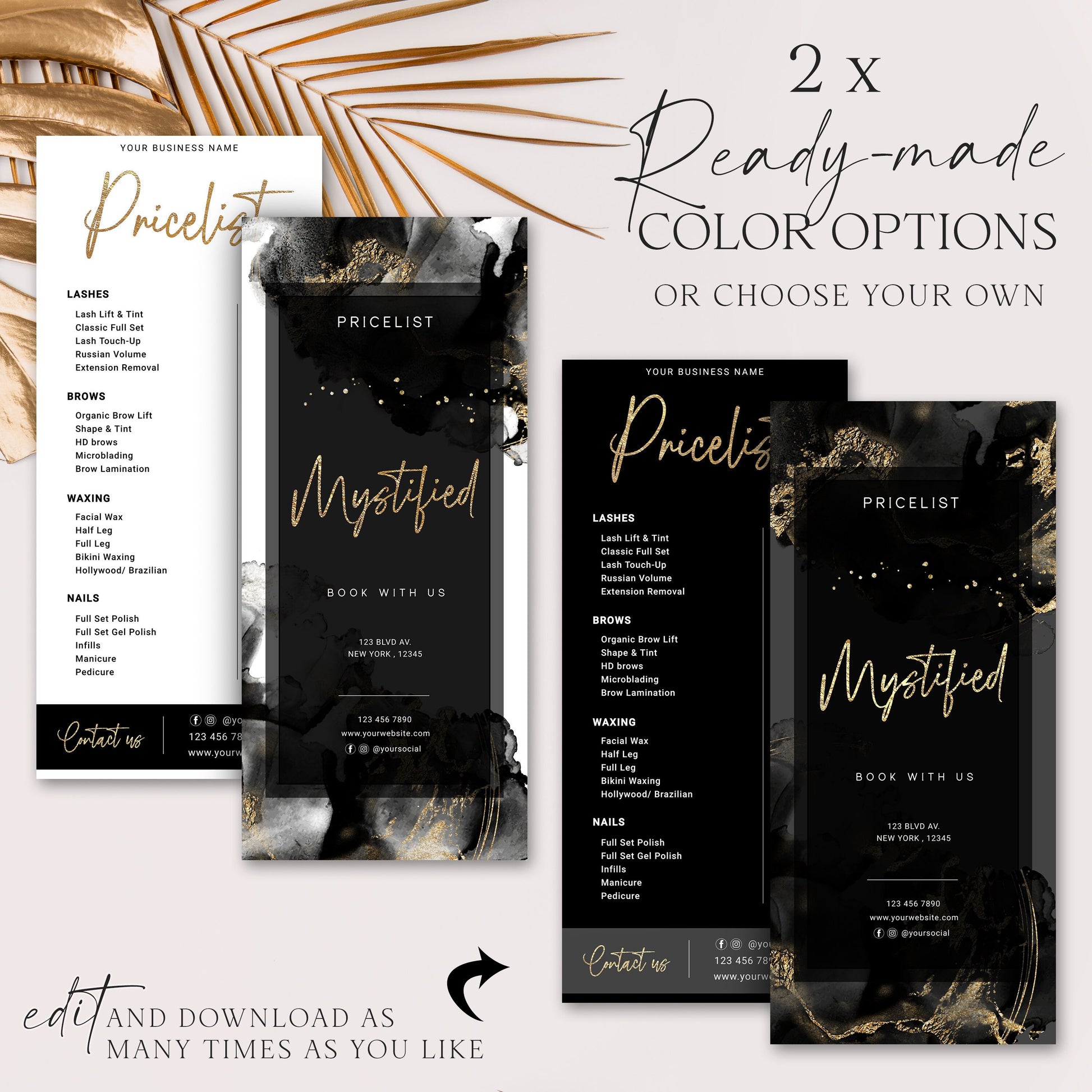 Business Price List Template, DIY Editable Slimline Price Guide, Customizable Printable Pricing Menu, Gold Foil Salon Pricing Flyer MY-001