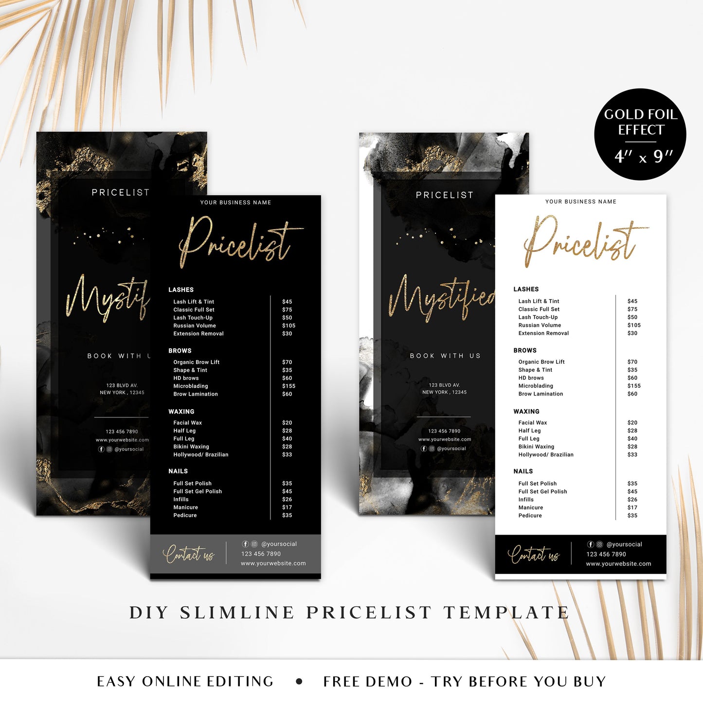 Business Price List Template, DIY Editable Slimline Price Guide, Customizable Printable Pricing Menu, Gold Foil Salon Pricing Flyer MY-001