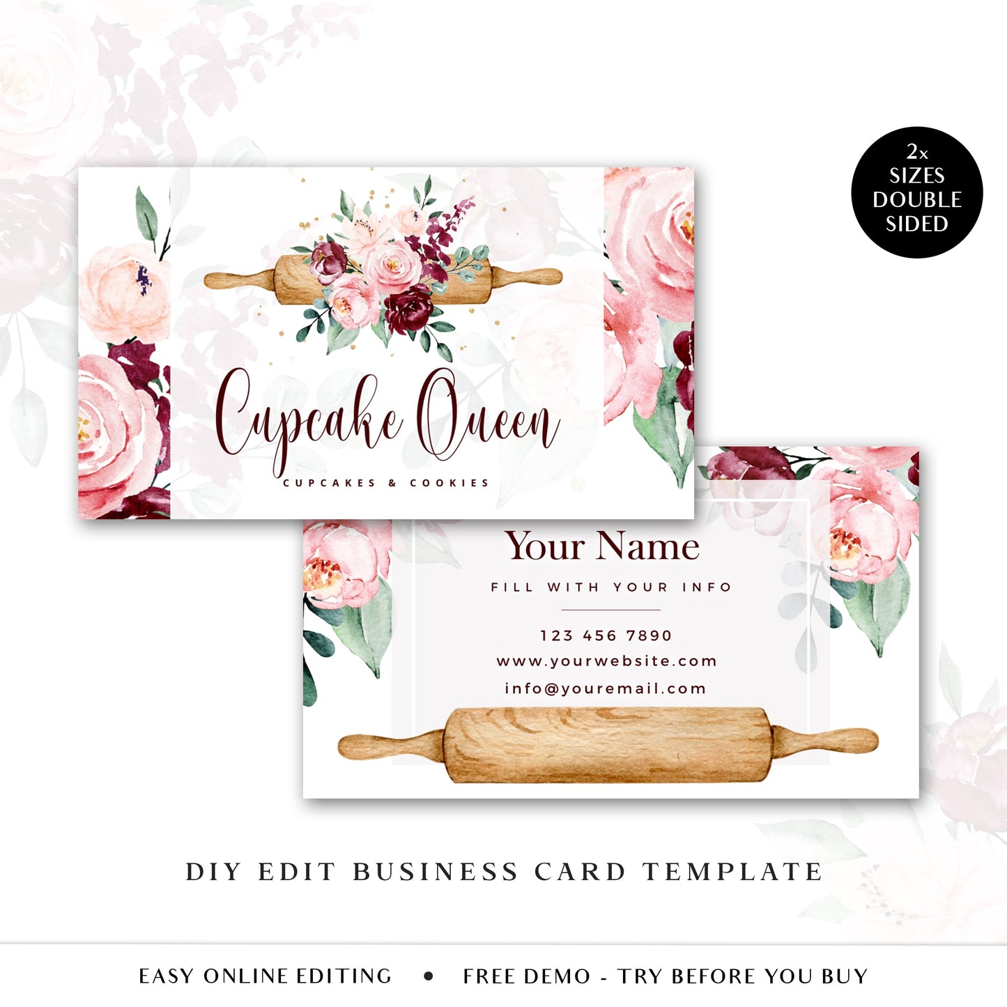 Bakery Business Card Editable Template, DIY Edit Baker Business Card, Premade Cake Maker Business Card, Red and Gold Customizable - CQ-001